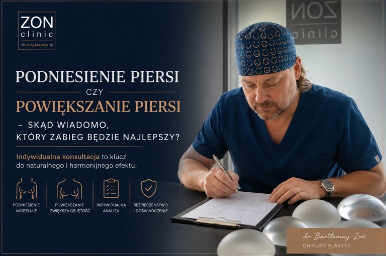 Dr Bartłomiej Zoń omawia różnice między podniesieniem piersi a powiększaniem piersi podczas konsultacji chirurgicznej.