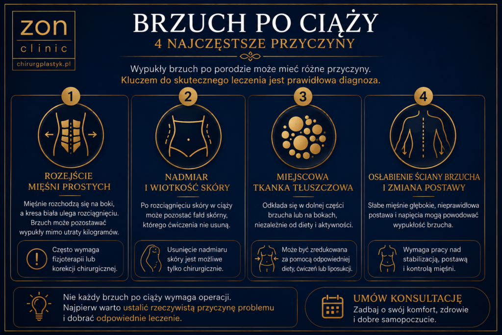 Infografika przedstawiająca cztery przyczyny wypukłego brzucha po ciąży przygotowana przez chirurga plastyka dr Bartłomieja Zonia