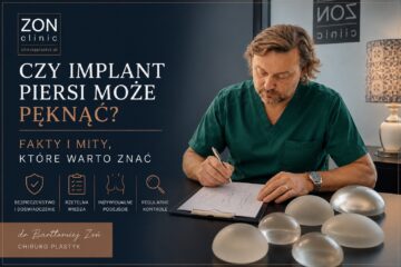 Fakty i mity dotyczące pęknięcia implantów piersi – infografika przygotowana przez dr Bartłomieja Zonia, chirurga plastyka w Warszawie.