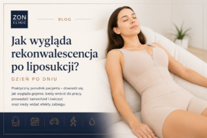 Pacjentka podczas rekonwalescencji po liposukcji w odzieży uciskowej. Zdjęcie ilustrujące przebieg gojenia i powrotu do codziennych aktywności po zabiegu liposukcji.