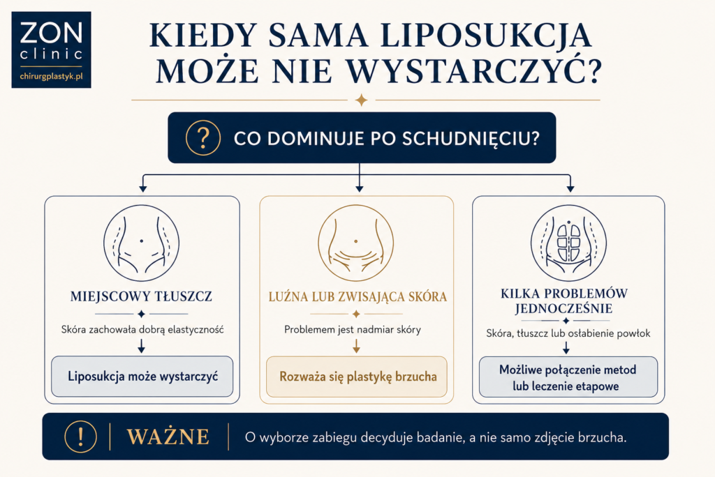 Infografika porównująca wskazania do liposukcji, plastyki brzucha oraz połączenia metod po schudnięciu.