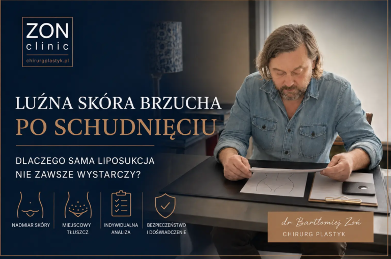Dr Bartłomiej Zoń przy biurku – luźna skóra brzucha po schudnięciu a liposukcja