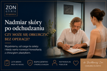 Dr Bartłomiej Zoń wyjaśnia pacjentce możliwości leczenia nadmiaru skóry po odchudzaniu.