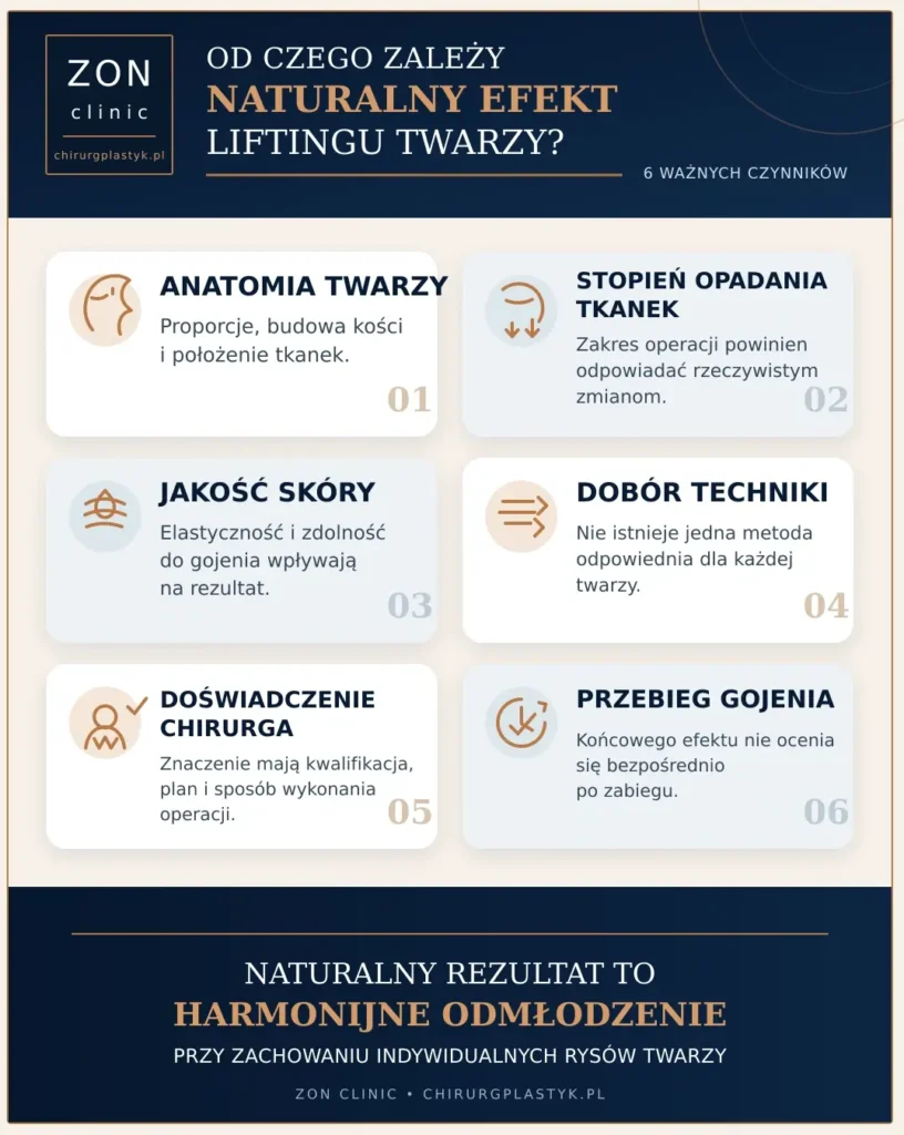 Infografika przedstawiająca czynniki wpływające na naturalny efekt liftingu twarzy