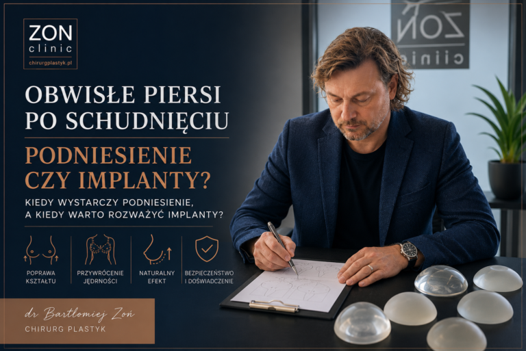 Dr Bartłomiej Zoń wyjaśnia, kiedy po schudnięciu wystarczy podniesienie piersi, a kiedy najlepszym rozwiązaniem jest podniesienie piersi z implantami.