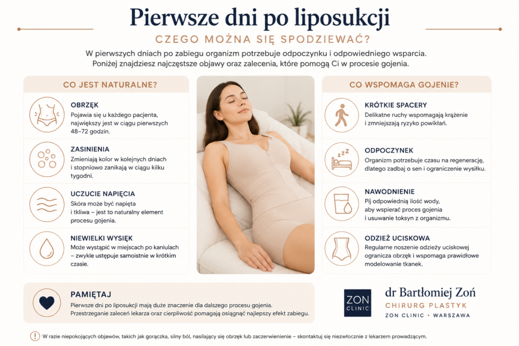 Infografika przedstawiająca pierwsze dni po liposukcji, najczęstsze objawy po zabiegu oraz zalecenia wspomagające prawidłową rekonwalescencję.