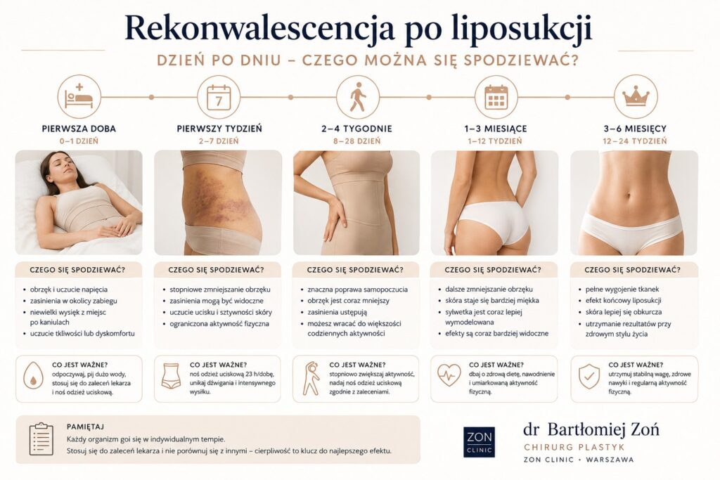 Infografika przedstawiająca etapy rekonwalescencji po liposukcji od pierwszej doby po zabiegu do pełnego efektu po 3–6 miesiącach.