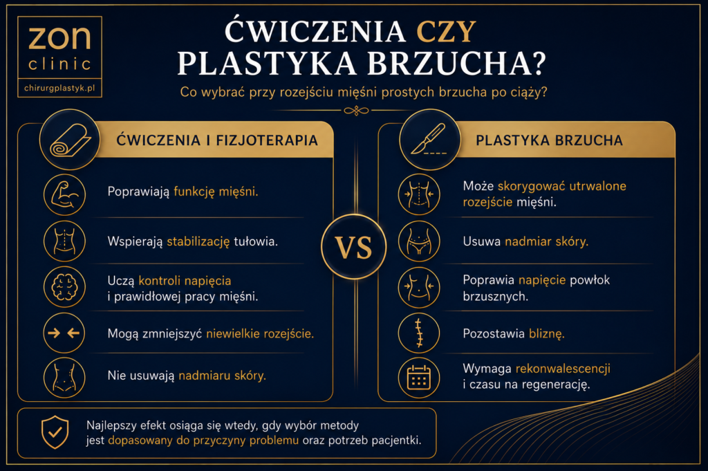 Porównanie ćwiczeń i plastyki brzucha przy rozejściu mięśni prostych po ciąży