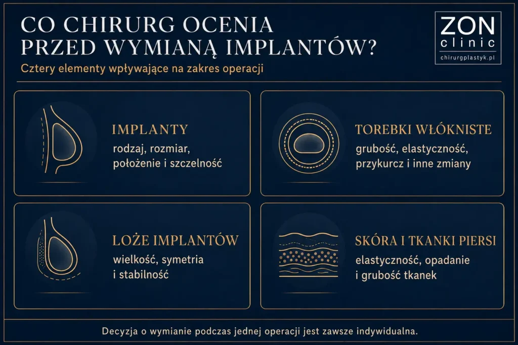 Infografika przedstawiająca elementy oceniane przez chirurga plastyka przed wymianą implantów piersi