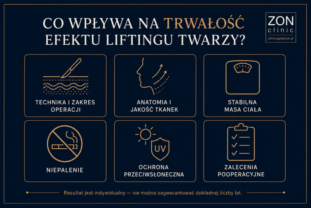 Czynniki wpływające na trwałość efektu liftingu twarzy: technika, jakość tkanek, masa ciała, niepalenie, ochrona UV i rekonwalescencja