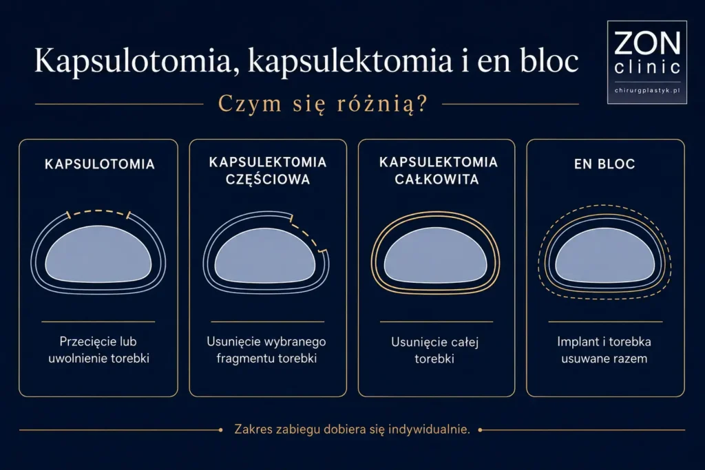 Infografika porównująca kapsulotomię, kapsulektomię częściową, całkowitą i en bloc