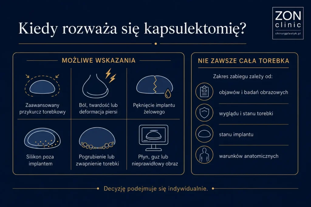 Infografika przedstawiająca wskazania do kapsulektomii i czynniki wpływające na zakres zabiegu