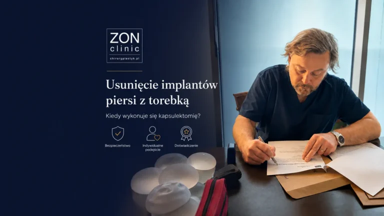 Dr Bartłomiej Zoń przy biurku z modelami implantów piersi – usunięcie implantów z torebką