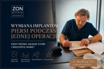 Dr Bartłomiej Zoń przy biurku, obok implanty piersi – wymiana implantów podczas jednej operacji