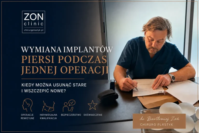 Dr Bartłomiej Zoń przy biurku, obok implanty piersi – wymiana implantów podczas jednej operacji