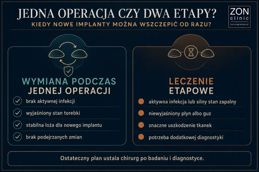 Infografika porównująca jednoetapową wymianę implantów piersi z leczeniem podzielonym na dwie operacje